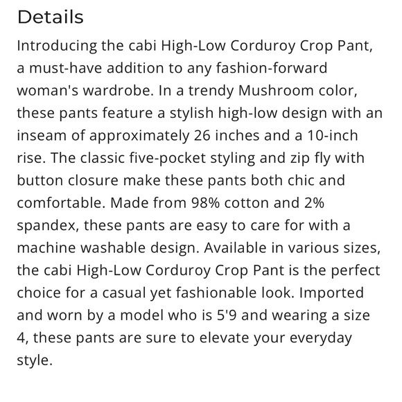 CAbi Jeans Corduroy High-Low Crop Pants Mushroom 12 NWT NEW - Picture 3 of 9